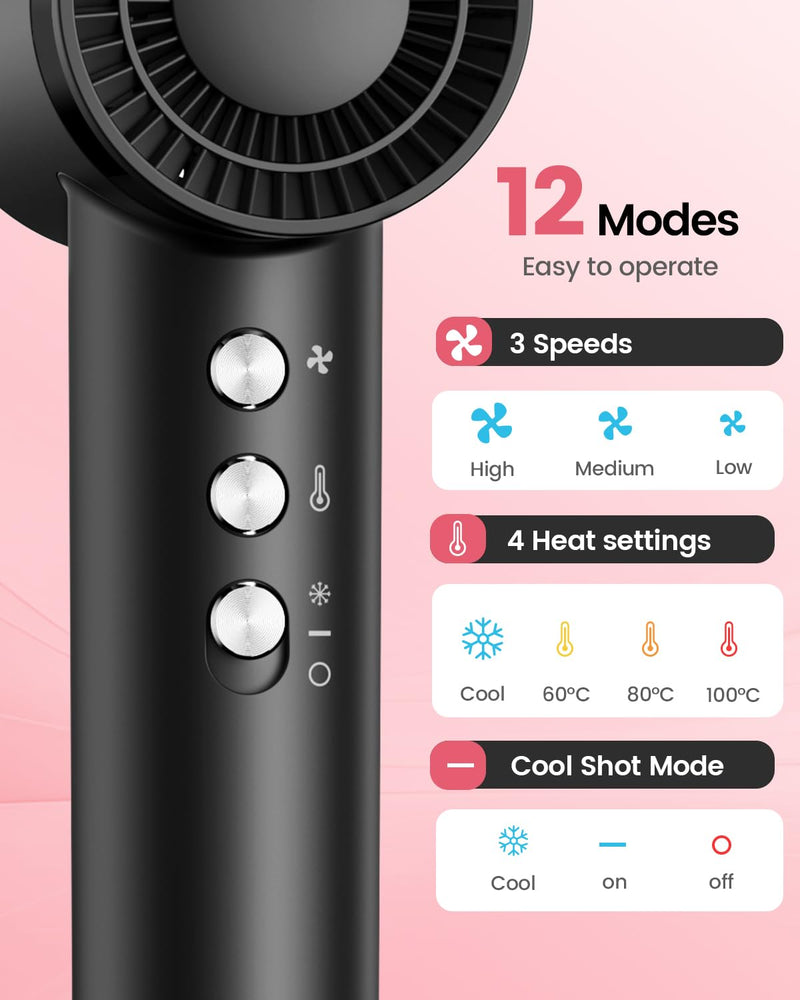 Dekuri Hair Dryer, 110,000 RPM High Speed Motor Hairdryer for Ultra-Fast Drying, 200M Ionic Care for Smooth & Shiny Hair, Lightweight with Magnetic Nozzle & Diffuser (Midnight Black) Midnight Black