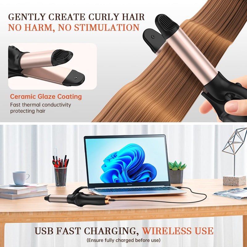 Curling Tongs 1 Inch,Cordless Rechargeable Curling Tongs,Cordless Hair Curler(3 Gear),Travel Mini Flat Iron 4000 mAh,Battery Straightener and Curler 2 in 1 for Long Short Hair (Black) Black