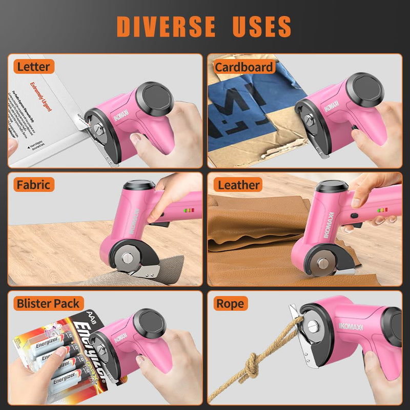 KOMAX Cordless Electric Scissors,4V Cardboard Cutter with 3 Blades,Rechargeable 2000mAh Battery,Storage Box,Fabric Scissors Electric Box Cutter for Cardboard,Leather,Carpet,Fabric,Plastic - Pink