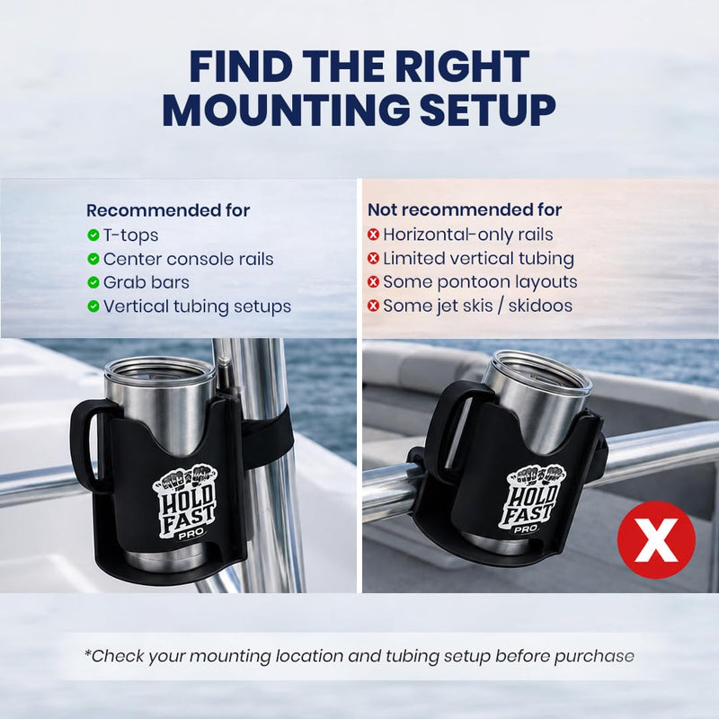 HoldFastPro Boat Cup Holder, Adjustable Universal Boat Cup Caddy for Rails & Grab Bars, Marine Drink Holder for Center Console, & T-Top Mounting, Black