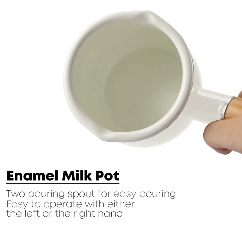 0.6qt Mini Enamel Milk Pot Insulated Wooden Handle 2 Pour Spouts Small Food Warmer Cute Saucepan(D015,White) White