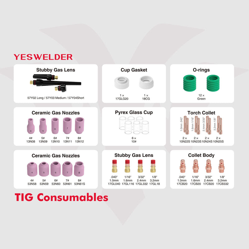 YESWELDER 49Pcs TIG Welding Torch Stubby Gas Lens #10 Pyrex Glass Cup Kit For WP-17/18/26