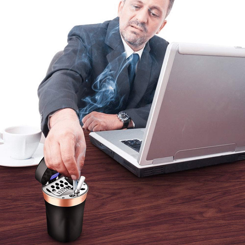 Car Ashtray, Auto Ashtray Cigar Electronic Cigarette Lighter Detachable Solar Powered/USB Rechargeable with Lid Blue LED Light for Most Car Cup Holder Home Office (Black) Black
