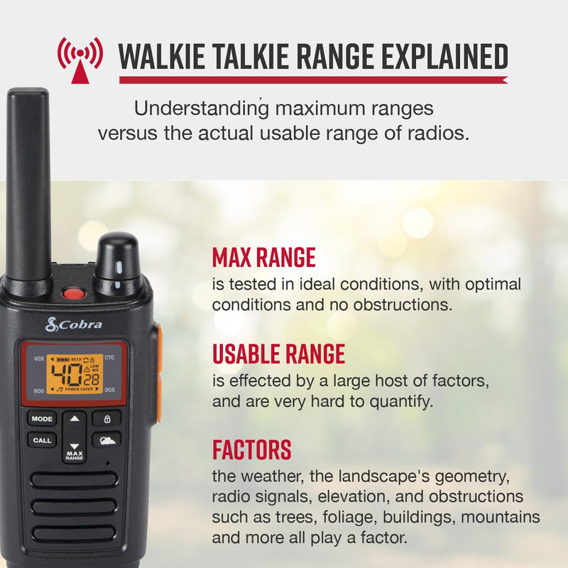 Cobra RX380 Walkie Talkies - Rechargeable, 40 Preset Channels, Long Range 32-Mile Two-Way Radio Set (2-Pack), Black Walkie Talkie