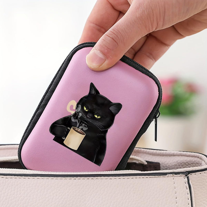 Grumpy Black Cat with Coffee Cup Print Hard Shell Electronics Organizer, Shockproof Carrying Case for Cables, Earphones, Chargers, Ideal Gift for Travel & Daily Use，4.33 * 3.14 * 1.57 inch/SNB02-026 Pink-026