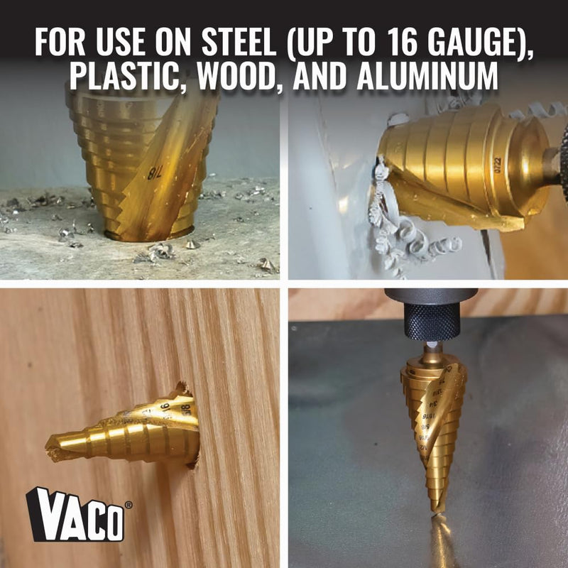Klein Tools 25960 Step Drill Bit, 7/8 to 1-3/8-Inch, Spiral Double-Fluted, Cut Thin Metal, Plastic, Aluminum, Wood, 1/4-Inch Hex Shank, VACO