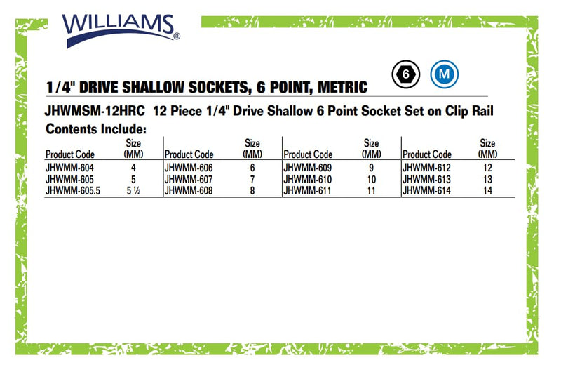 Williams JHWMSM-12HRC SUPERTORQUE 12-Piece 1/4-Inch Drive Metric Shallow 6 Point Socket Set-Size Range:(4mm to 14mm),Sockets Feature High-Polished Chrome Finish, Designed For Use On 6 Point Fasteners