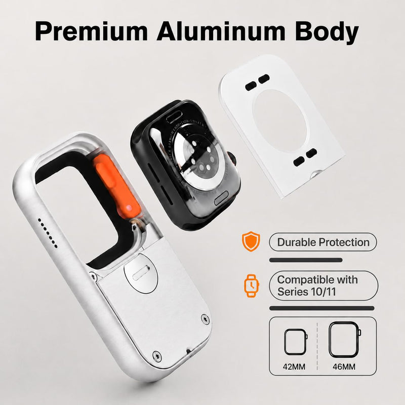 RePod Aluminum Case for Apple Watch S10/11 46mm Protective Cover | Retro Music Player Design; Functional Mechanical Scroll Wheel; Premium CNC Metal Handheld Guard; Silver Watch Accessory 46MM - Series S10/11