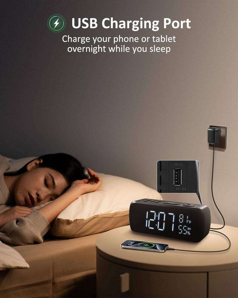 Digital Alarm Clock with FM Radio for Bedroom | 2 Alarms with Large LED Display,Snooze,USB Charger,Preset, Dimmer,Sleep Timer,Temperature,Relative Humidit,Adjustable Volume