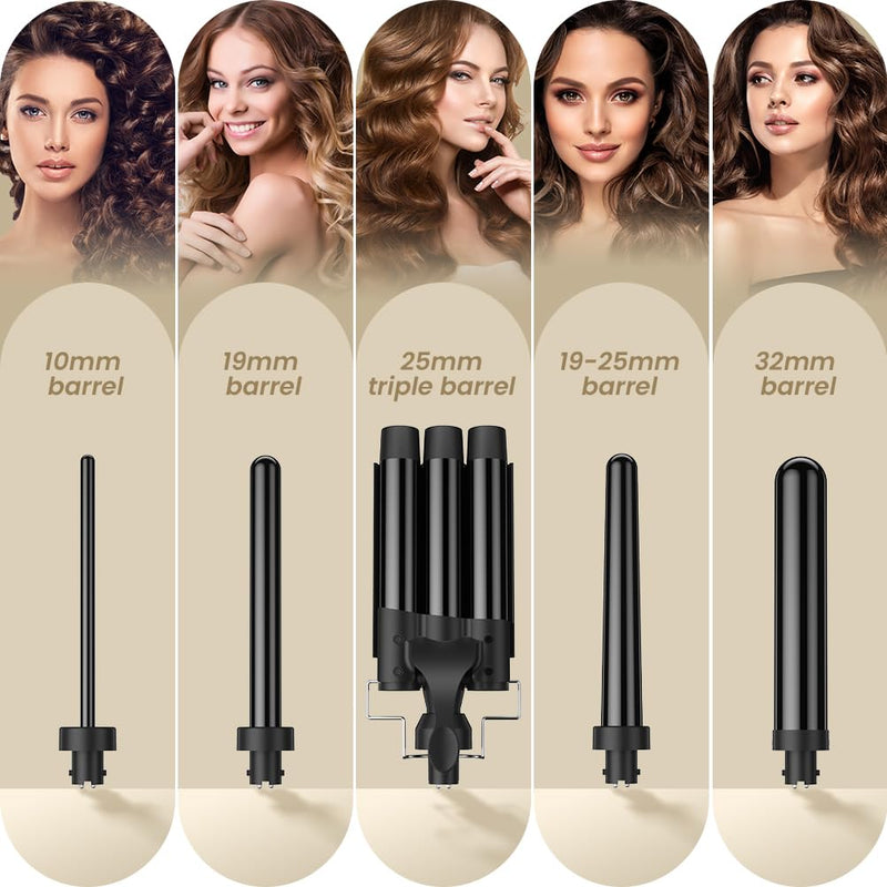 Hair Waver Curling Wand Iron Tong, Chopstick, 5 in 1 Hair Curler for Long Hair 10mm-32mm with 2 Crocodile Clips 1 Anti-Scald Silicone Gloves, PTC Ceramic Triple Barrels LCD 180°C & 210°C Black