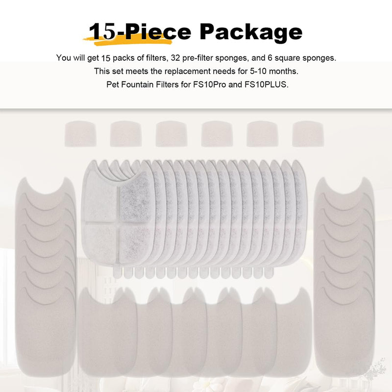 15 Pack Cat Water Fountain Filters for FS10 Plus/FS10PRO Cat/Dog Pet Drinking Fountain for 138 fl oz/4L with 32 Pack Pre-Filter Sponges & 6 Pump Filter 15Filters + 32 Sponges & 6 Pump Filters