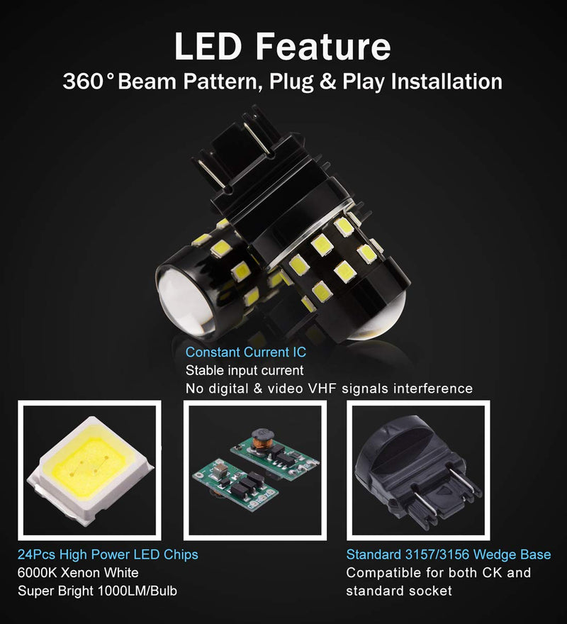 Super Bright 3157 3156 3056 3057 4157 3047 4057 3457 T25 LED Bulbs 6000K Xenon White 24-SMD LED Chipsets with Projector for Backup Reverse Lights, Brake Tail Lights, Running Lights(Pack of 2) Pack of 2
