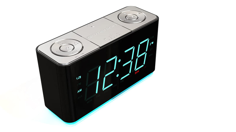 Emerson Smartset Alarm Clock Radio with Bluetooth Speaker with USB Port for iPhone/iPad/iPod/Android and Tablets, 1.4" Cyan LED Display and Night Light, ER100301