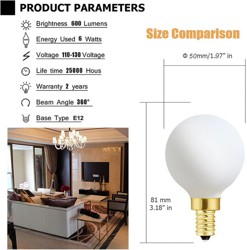 XININSUN Frosted G16.5 globe light bulb,e12 Round Candelabra Bulb 60 watt,6W Chandelier Light Bulbs,Milky White Candelabra LED Bulb,Dimmable,6W 2700K Warm White 600lm,6Pack 6W=60W-2700K