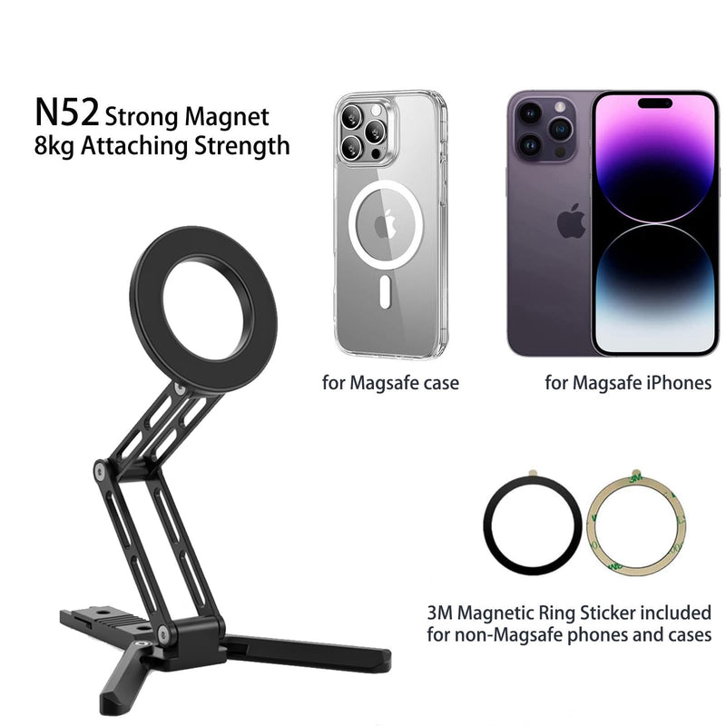 Ruittos for Magsafe Phone Stand & Tripod Adapter, Aluminum iPhone Mount with Arca-Swiss Base,1/4" Thread Foldable Desktop Stand & Selfie Stick Grip, Compatible with iPhone 17/16...Andriod