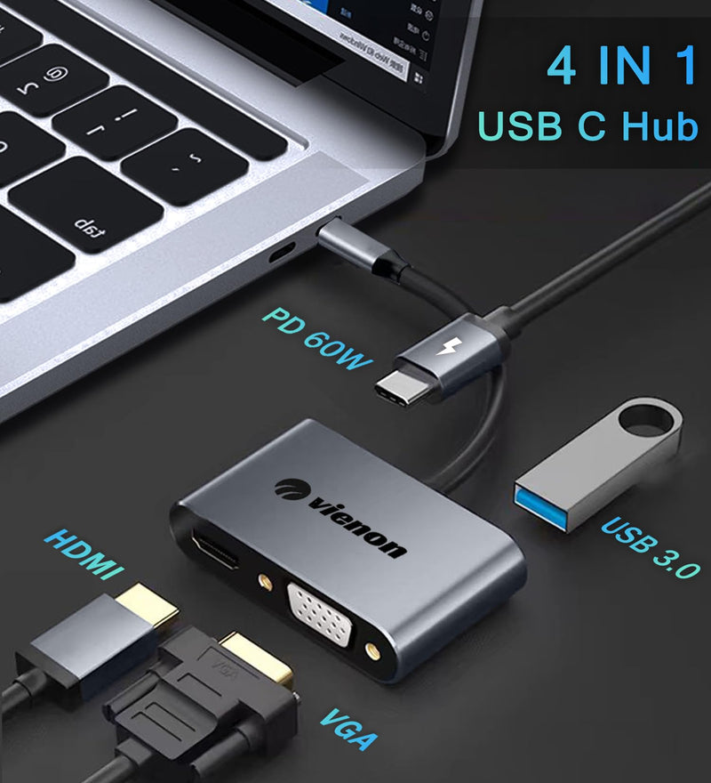 VIENON USB C to HDMI VGA Adapter for Dual Monitor, 4 in 1 USB C Hub with 4K HDMI, 1080P VGA, USB 3.0 5Gbps, 100W PD Compatible for MacBook Air/Pro, Dell XPS, Surface, iMac More