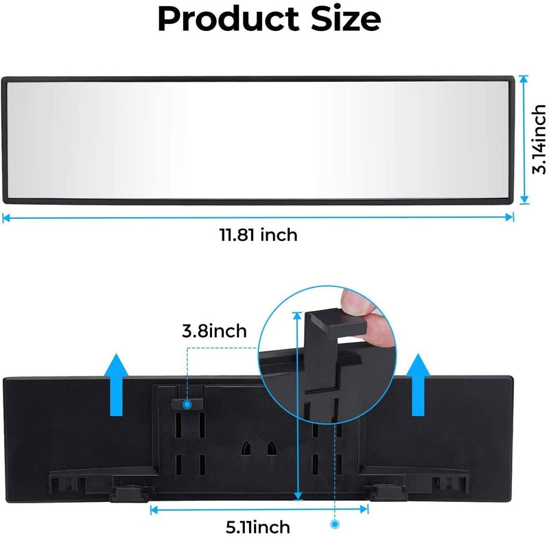 JOYTUTUS Rear View Mirror, Universal 11.81 Inch Panoramic Convex Interior Clip-on Wide Angle Mirror to Reduce Blind Spot Effectively for Car SUV Trucks -Clear 1 Clear (Black frame)