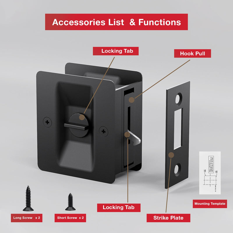 Matte Black Pocket Door Lock, 2-Pack Privacy Pocket Door Hardware, Pocket Door Handles, Pocket Door Lock Latch with Pull, 2-3/4’’x2-1/2’’, for 1.38’’-1.77’’ Thickness Door