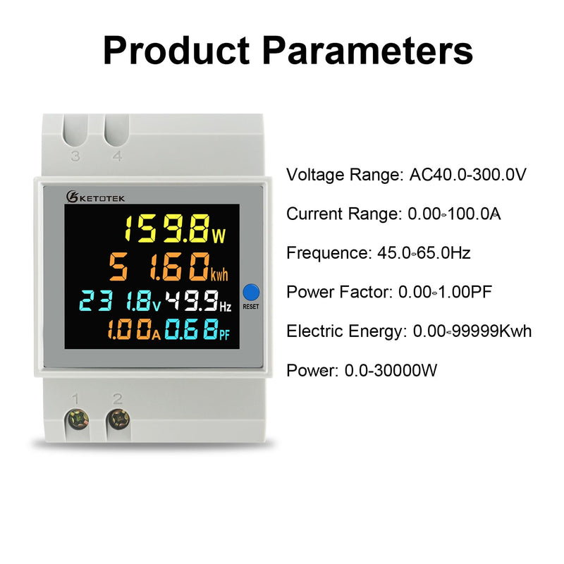 KETOTEK Single Phase Energy Meter Din Rail Electricity Usage Monitor AC 40-300V 100A Voltmeter Ammeter Watt Kwh Frequency Power Meter Built-in CT 110V