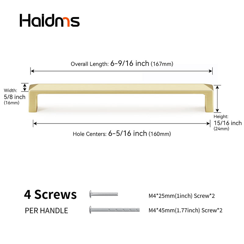 Haidms 5 Pack Gold Cabinet Handles 6-5/16 Inch(160mm) Hole Center Soild Zinc Alloy Brushed Gold Cabinet Pulls Kitchen Drawer Pulls Cupboard Hardware for Kitchen 6-1/4 inch Hole Center
