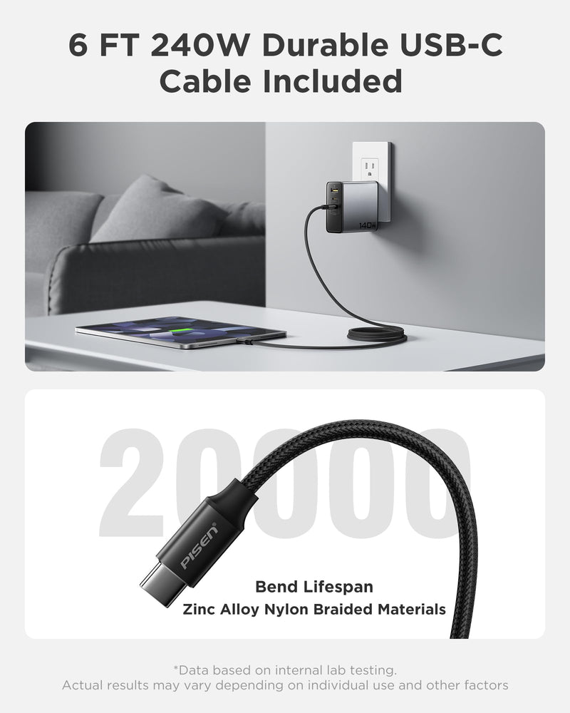 PISEN 140W USB C Charger - PD3.1 GaN Fast Charger USB C 3-Port Foldable Charging Block 140Watt Power Adapter with 6FT 240W Type-C Cable, 140W Charger for MacBook, Laptops, Samsung, iPad, iPhone Series