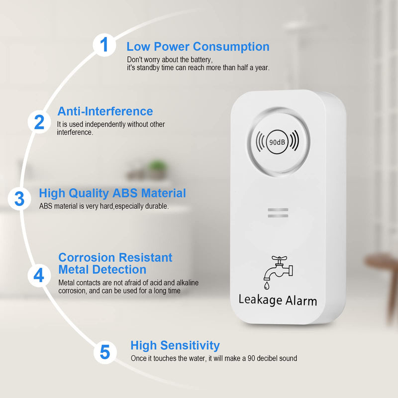 Water Detectors Wireless 90dB Adjustable Audio Alarm Sensor, Sensitive Leak and Drip Alert for Kitchen Bathroom Basement (5 Pack) White-5Pack