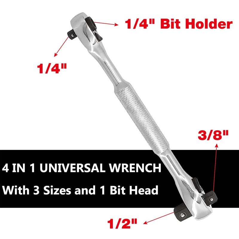 MacWork 4-in-1 Wrench and Universal Socket Set, 1/4", 3/8", 1/2" Drive and 1/4" Drive Bit Driver Ratchet Handle, 72-Tooth, with Universal Socket(7-19mm), Phillips #2 & Slotted 1/4" Screwdriver Bit