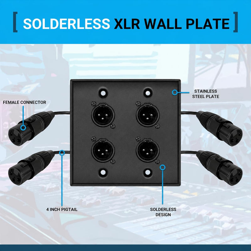 DIYTECH Black XLR Wall Plate, Solderless, No Solder, Audio Wall Plate, for Pro Audio Installation (Male to Female 4-Port)