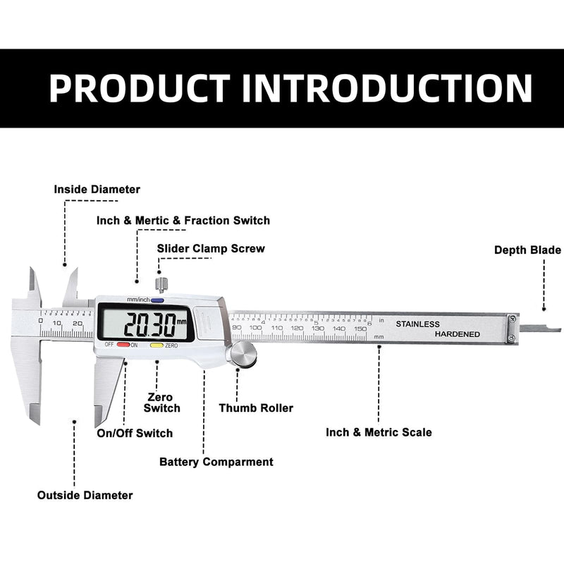 Greywolf Digital Caliper, Stainless Steel Measuring Tool, Electronic Vernier Caliper Micrometer, Inch and Millimeter Conversion, 6 Inch/150mm Large LCD Screen, for Jewelers/Craftsmen/DIY