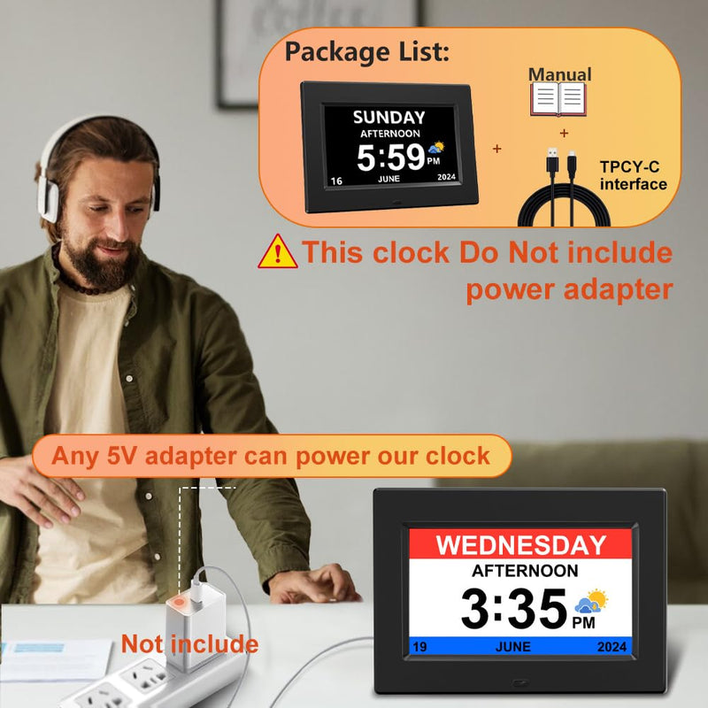 DST Digital Clock with Date and Day of Week for Elderly-12 Alarms Medication Reminder Dementia Alzheimers Clock Calendar with Extra Large Display (7 inch Black) 7 inch Black