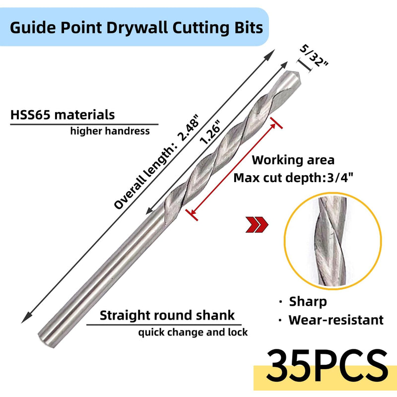 35 Pieces Drywall Cutting Tools 5/32 Inch Guide Point Cutting Bits,HSS65 Drill Bits, Cutting Drywall, Used for with Spiral Saw and Power Tools 35pcs 5/32"