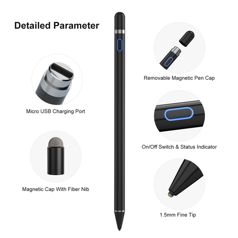 Compatible for iOS&Android Touch Screens Active Stylus Pen,Stylus Pens for Touch Screens,Rechargeable Stylus for i-Pad/Pro/Air/Mini/i-Phone/Cellphone/Samsung/Tablet Drawing&Writing (Black) Black