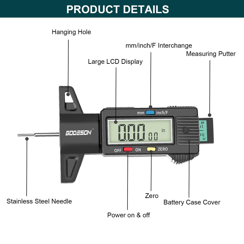GODESON Tire Tread Depth Gauge, Digital Tire Tread Depth Gauge with 3 Modes-Fractional Inch, Decimal Inch and Millimeter, Tire Depth Gauge for Motorcycles, Cars, SUV, Easy to Read Tread Depth Gauge Black