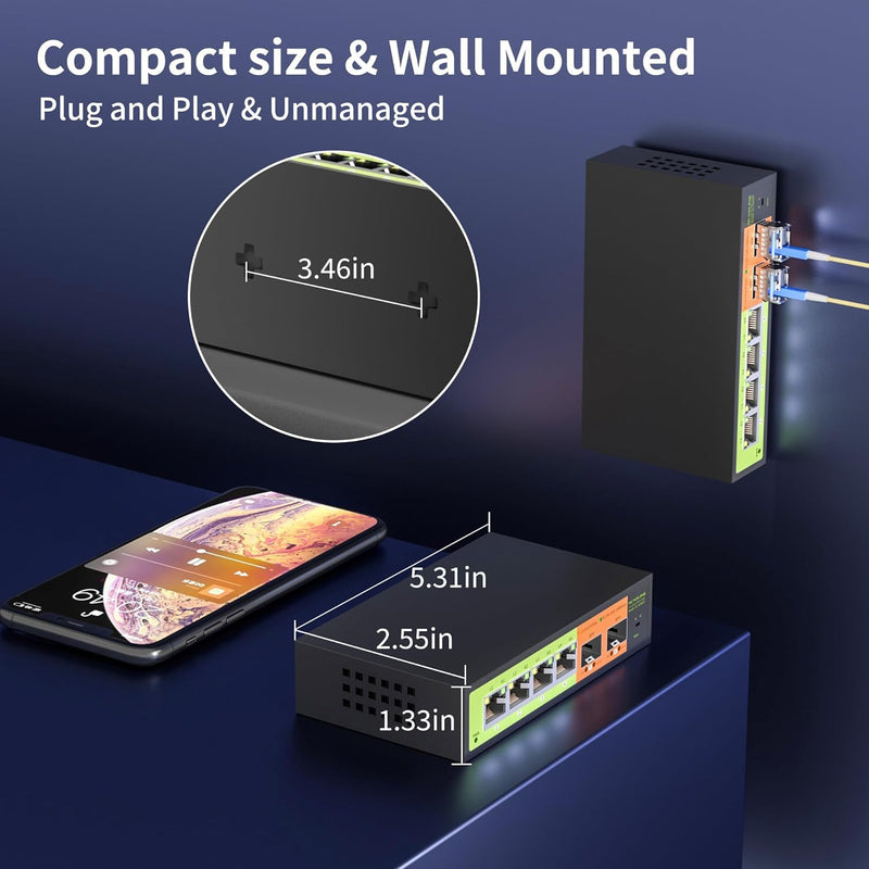 6 Port 2.5Gb Network Switch, 4x2.5G RJ45, 2x10G SFP+, Muti-gigabit, Unmanaged, Metal Case, 60G Bandwidth, Fanless, Compatible with 2.5gbe NAS, PC, AP SL-G0402F1