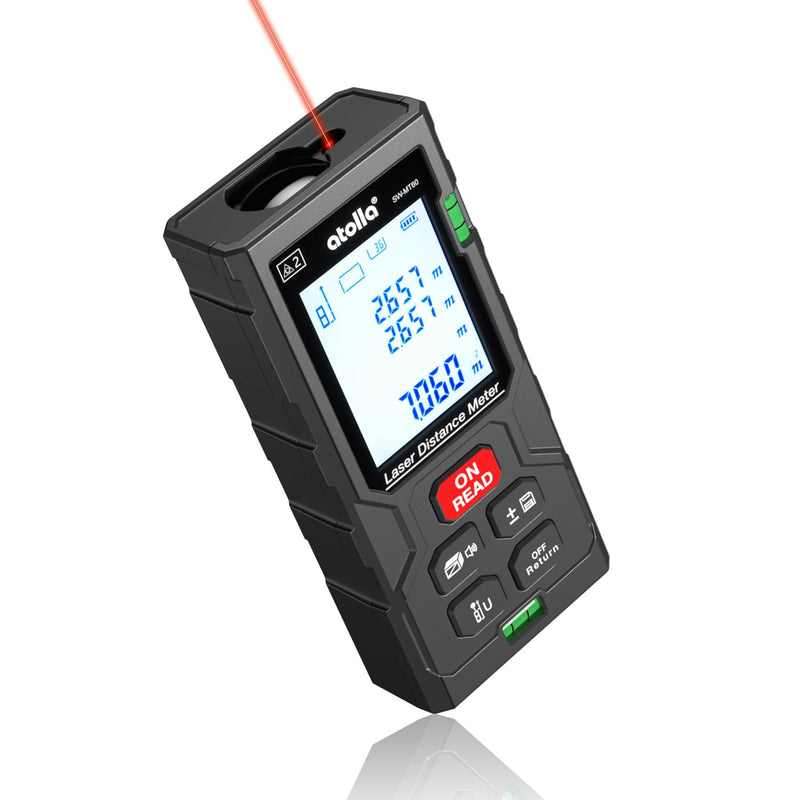 atolla Laser Measure, Digital Laser Distance Meter with 2 Bubble Levels,Portable M/in/Ft Unit Switching Backlit LCD, Measuring Distance/Area/Volume/Pythagorean and Waterproof IP54 (Red Laser) 196 Ft