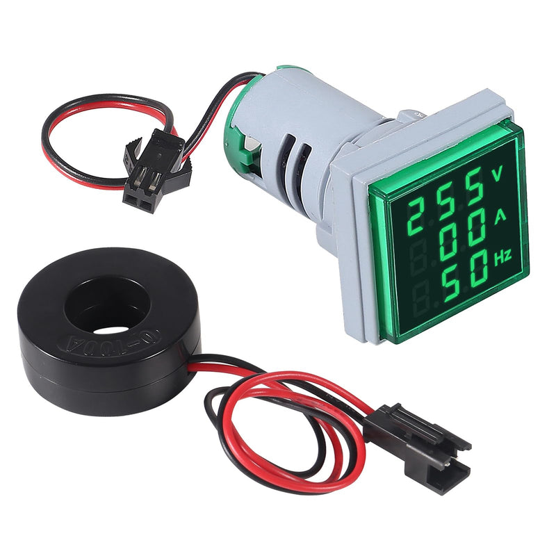 3pcs 3 in 1 60-500V 0-100A AC Digital Ammeter Voltmeter, 22mm Square Digital Tube Screen with Transformer, LED Display Voltage Detector Current Tester Gauge(Green) Green 3 in 1 Square