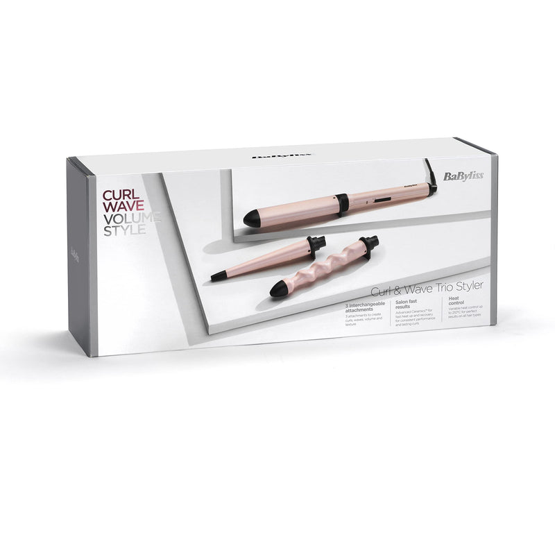 BaByliss Curl and Wave Trio Styler, Multi-Styler, Hair Waver and Hair Curler, Beachy Waves, Loose Waves, 3 in 1 Curling Wand, Pink, 2750U Single