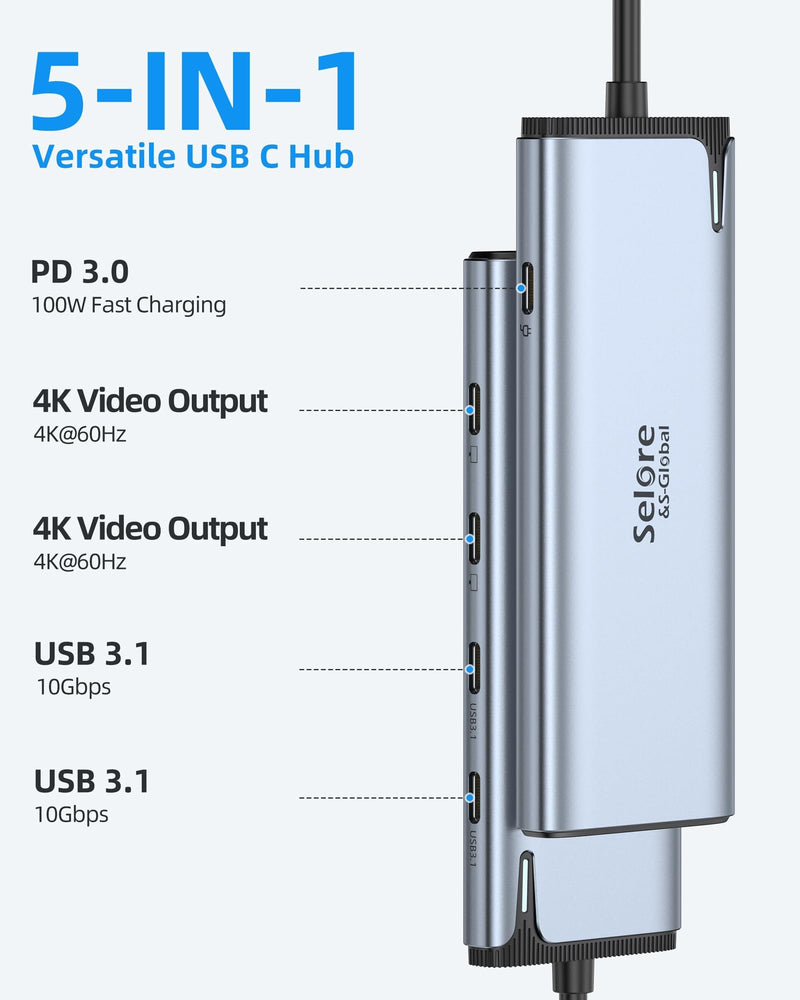 Selore&S-Global USB C Splitter with 4K/60Hz Video Output,USB C Hub Dual Monitor with DP Alt Mode,10Gbps Data Transfer,100W PD,Docking Station Dual Monitor for Windows Laptop,Portable Monitors Light Grey
