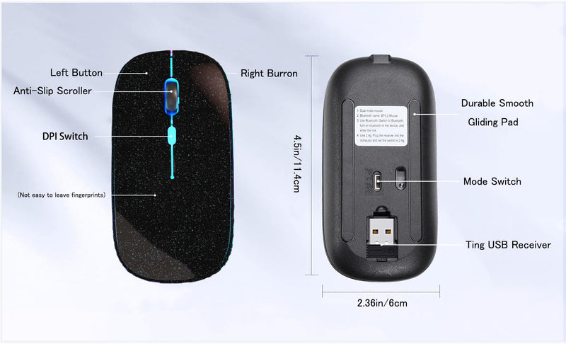 Wireless Bluetooth Mouse,LED Rechargeable Silent Slim Laptop Mouse,Portable(BT5.2 or USB Receiver) Dual Mode Computer Mouse for Laptop,ipad Tablet,Apple Desktop,Mac.(Pearl Black) Pearl Black Wireless Bluetooth Mouse
