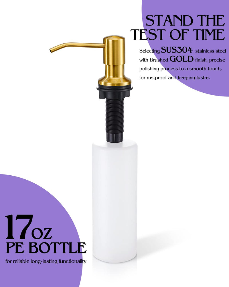 Soap Dispenser for Kitchen Sink Brushed Gold, Built in Stainless Steel Kitchen Soap Dispenser, Refill from The Top,in Counter Kitchen Sink Soap