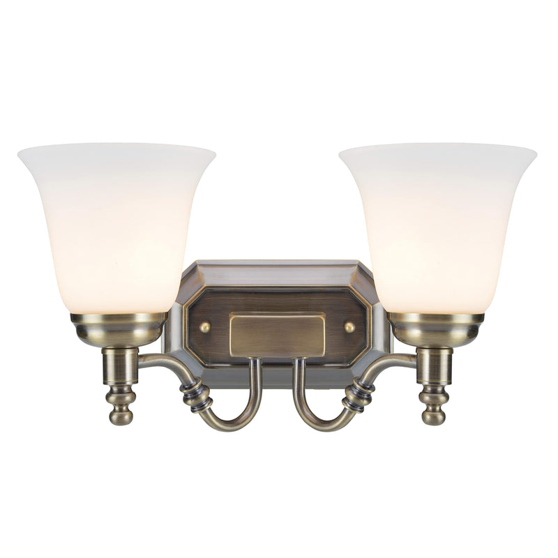 Aspen Creative 62021-3, Two-Light Metal Bathroom Vanity Wall Light Fixture, 6" Wide, Transitional Design in Antique Brass with Frosted Glass Shade 2-LIGHT