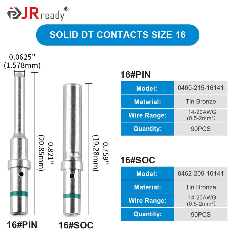 JRready 90 Pairs Deutsch Connector Pins and Sockets Solid Contacts Size 16 ST6281 - Male Pins 0460-215-16141/ Female Pins 0462-209-16141, DT Connector Terminals Wire Size 14-20AWG Size 16 - 90 Pairs Green Stripes Solid Contacts