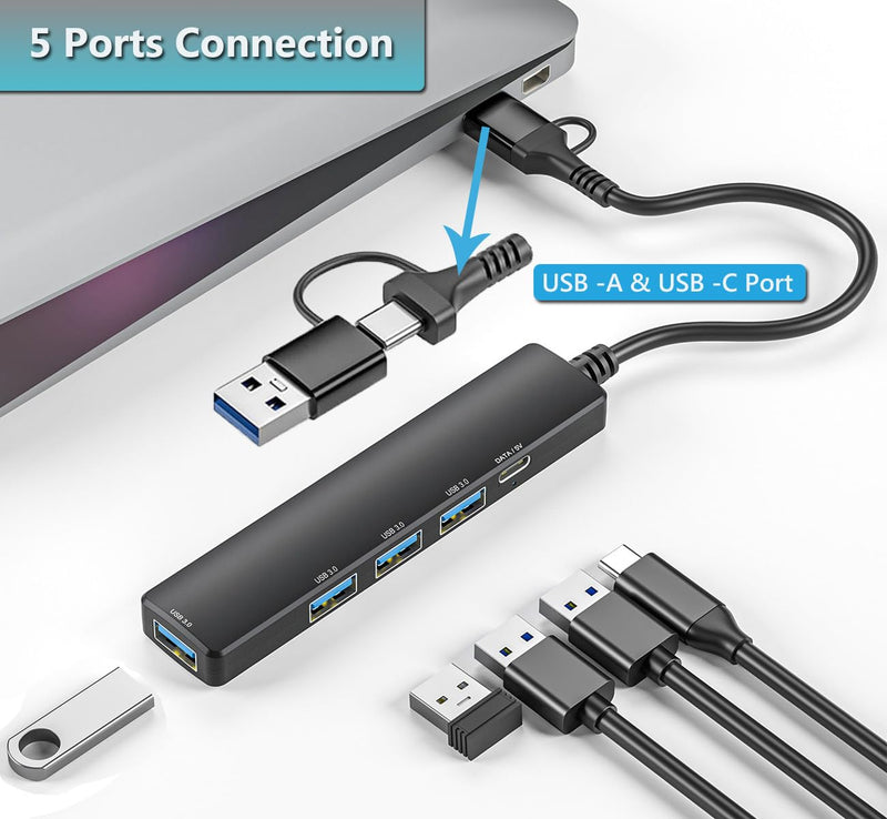 USB 3.0 Hub with USB C Data Port, 2 in 1 USB Hub 5 Ports, Portable USB Splitter for Laptop, USB C Extender for MacBook Pro, iMac, Surface Pro, Dell XPS, PS5, PC, Mobile HDD, and More MR-USB-A & USB -C