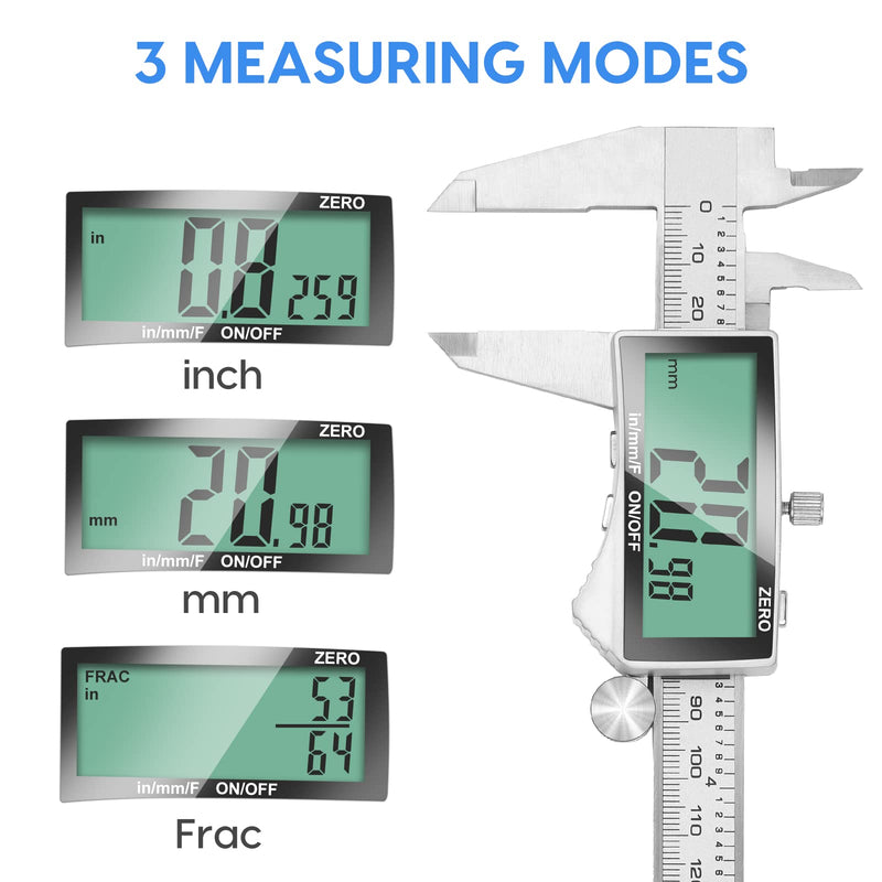 Digital Caliper, 6 Inch Caliper Tool with Extra Large LCD Screen, Auto-Off Feature, Easy Switch from Inch Metric Fraction, Stainless Steel Vernier Caliper Measuring Tool for DIY/Household Stainless Steel-Large LCD