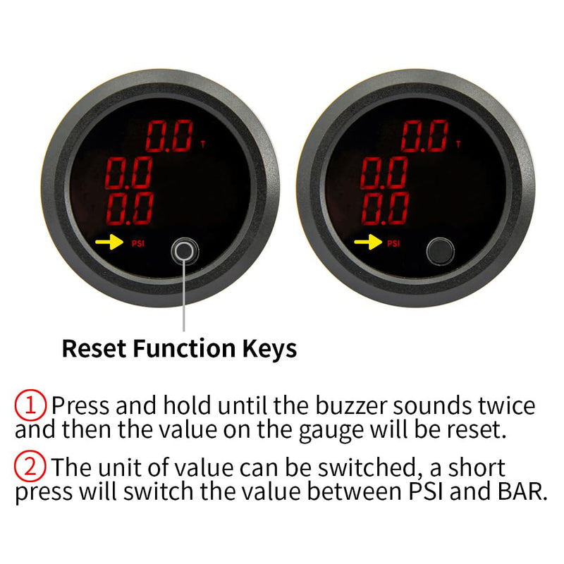 Universal Ultrathin 12V/24V Three Pressure Air Pressure Gauge 2Inch(52mm) 0-232PSI with 3Pcs 1/8NPT Sensors and 16.5ft (5M) Sensor Cable LED Blue 3 Air Pressure