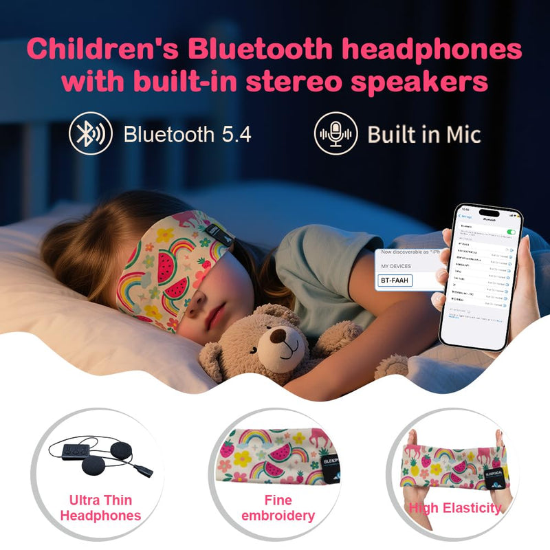 Kids Bluetooth 5.4 Headband Headphones, Adjustable Toddler Sports Headband Earphones with Mic, Soft Wireless Sleep Headphones for Baby Kids Travel Plane School Tablet Workout(Pink) Pink