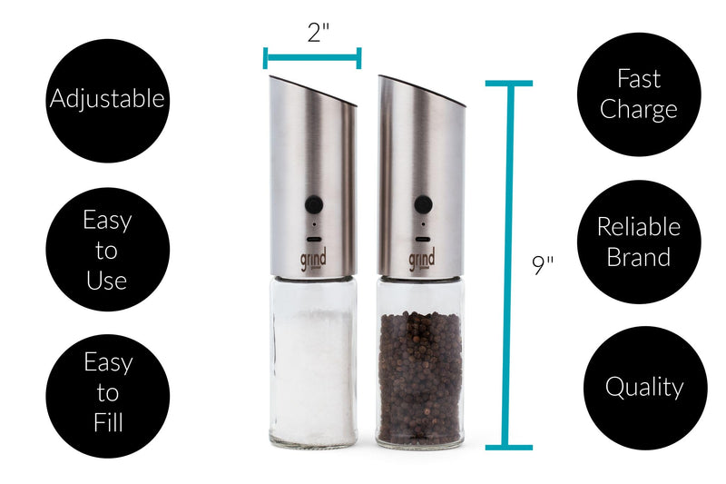 Grind Gourmet Automatic Electric Salt or Pepper Grinder Mill, USB Rechargeable, Adjustable Coarseness, One-Handed Operation, Stainless Steel
