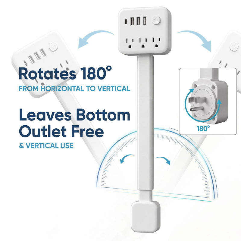 GIRAVO Extendable Outlet, Wall Plug Extension for Behind Couch, Sofa | 17.5-25.6in, 180 Degree Rotating Plug, 3 AC Outlets, 2 USB-A + 1 USB-C