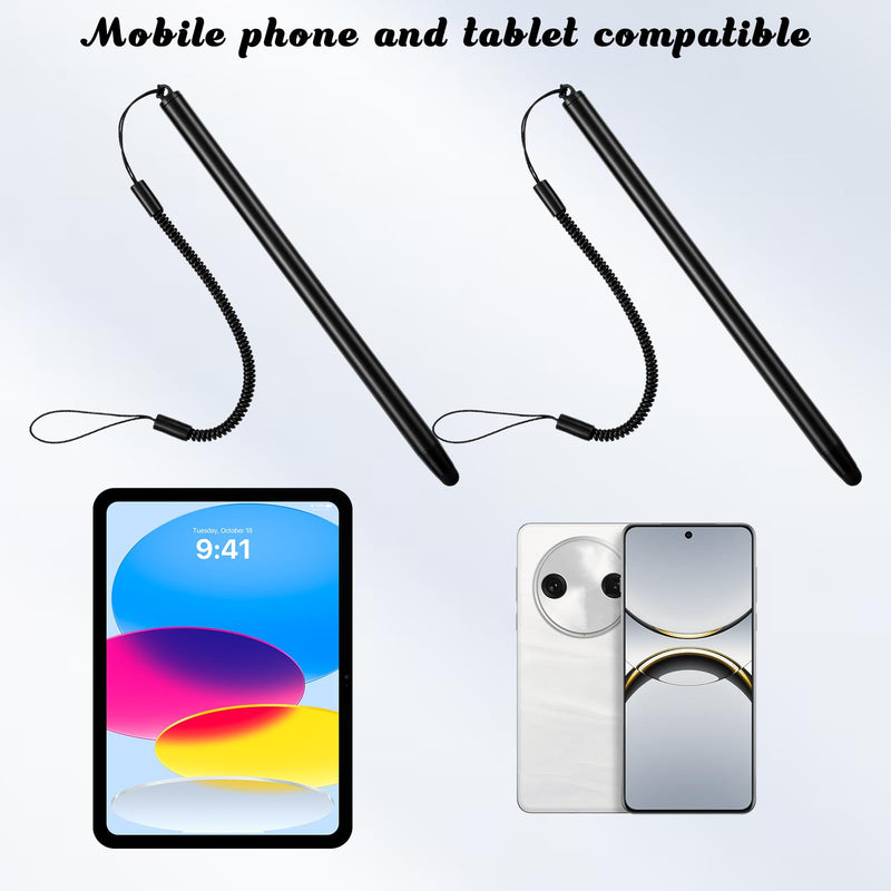 2 PCS Stylus Pen with Spring Tether, Universal Capacitive Touch Screen Pen for Tablets and Phones Anti-Scratch Silicone Tip Stylus for Tablets Drawing, Sketching and Note-Taking (Black)