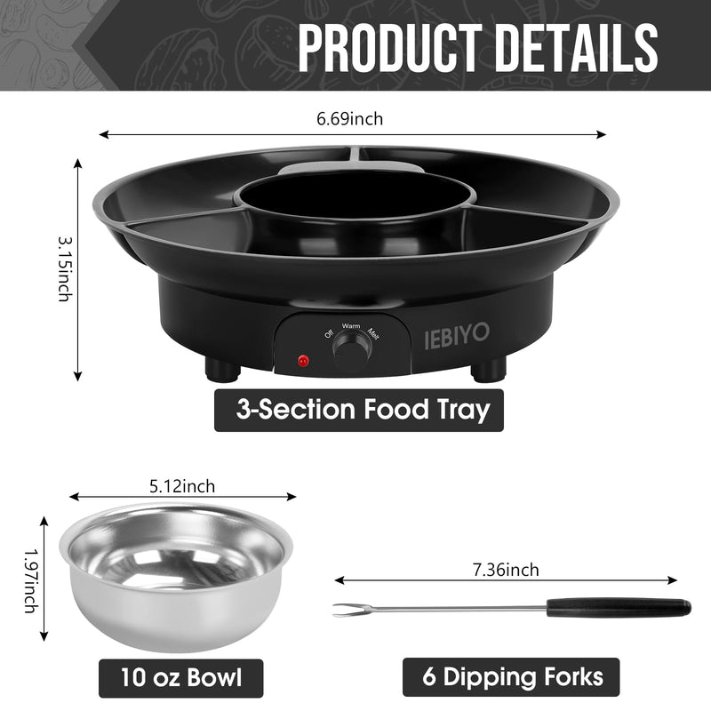 Chocolate Melting Pot Electric Chocolate Fondue Pot Set 3-Section Food Trays with 6pcs Dipping Forks Perfect for Chocolate Cheese Dessert Housewarming Christmas Party Gifts (Black) Black